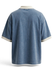 เสื้อเชิ้ตคอตั้งทรงโอเวอร์ไซส์สำหรับผู้ชาย ผ้าฝ้ายสีน้ำเงินล้วน แขนสั้น สไตล์ลำลอง ถักทอระบายอากาศได้ดี น้ำหนัก 180 กรัม ทรงหลวม - Product Image 2