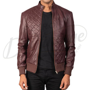 Men Maroon Genuine <b>Leather</b> Quilted Bomber <b>Jacket</b> with Standing Collar and Ribbed Cuffs - Product Image 5