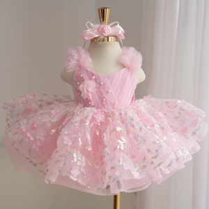 Robe de princesse florale pour filles 147, avec volants aux épaules, en tulle superposé, robe d'anniversaire rose et jaune, vente en gros, fabricant Nhung Nguyen - Product Image 6