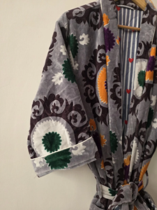 Exquisite Hand-Embroidered Suzani Velvet Kimono Robe Luxury Eco-Friendly Breathable Grey Velvet Long <b>Duster</b> Coat Bohemian Summer - Product Image 5