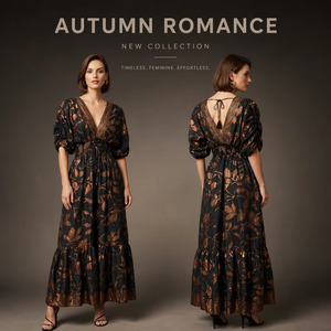 Women's Boho Maxi <b>Dress</b> V Neck Puff Sleeve Floral Tiered <b>Elastic</b> <b>Waist</b> - Product Image 1