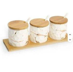 Ensemble de 3 boîtes métalliques avec couvercle en bois, pots à sucre, thé et lait, finition naturelle en aluminium et blanc, pot à bonbons, rangement - Product Image 1