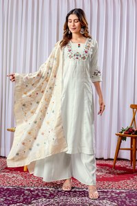 Conjunto Premium de Kurti y Palazzo Bordado con Seda de Mango, con Dupatta de Muselina de Seda Jacquard con Trabajo Mina, Ropa Étnica para Mujer, Calidad de Exportación - Product Image 1