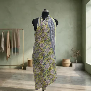 Tela de algodón amarilla estampada a mano con diseño floral botánico, borde decorativo, reversible, para confección de Kurti, Saree y vestidos. - Product Image 3