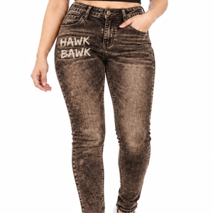 Jean en denim stretch délavé pour femme, coupe slim, aspect délavé, taille confortable, jean décontracté pleine longueur - Product Image 1