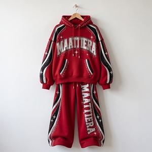 <b>Womens</b> Red Rhinestone Tracksuit Set Oversized Hoodie Wide Leg Sweatpants Black White Panel Custom Streetwear <b>Outfit</b> - Product Image 5