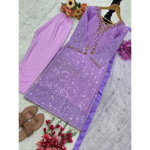 Valam - Conjunto de Salwar Kameez Morado de Poliéster para Diseñador de Moda, Talla L, Hermoso Atuendo de Fiesta con Top, Pantalón y Dupatta - Product Image 1