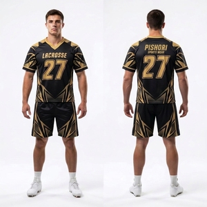 Vêtements de sport de lacrosse personnalisés pour équipe, 100% polyester, sublimation, short en jersey or et noir avec numéros de joueur - Product Image 1