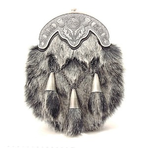 Scottish Antique Gray Rabbit Fur Leather Kilt Sporran with Chain Belt Thistle Plate Plate <b>Musical</b> <b>Instrument</b> Accessory - Product Image 1