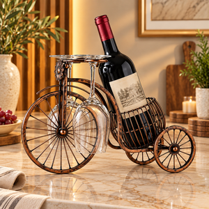 Porte-vin en tricycle impressionnant, finition cuivre, support à bouteilles en métal avec rangement suspendu pour verres à pied, pour restaurant, bar, décoration intérieure - Product Image 1