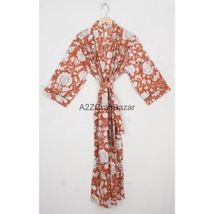 Chemise de nuit décontractée pour femme en coton tricoté imprimé numérique, col en V, avec cordon de serrage, manches longues, respirante, longueur intégrale - Product Image 2