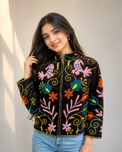 Blazer en velours noir brodé avec motif floral, col mandarin, manches longues, veste d'automne pour femme - Product Image 2