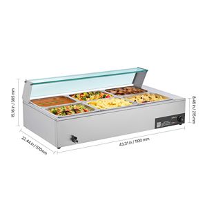 Calentador de Alimentos Eléctrico Comercial de Acero Inoxidable de 1500W con Tapa de Vidrio, 6 Recipientes de 1/2 Tamaño, Control Manual de Temperatura, Buffet Bain Marie - Product Image 5