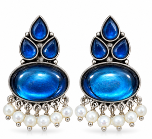 Wholesale Oxidized <b>Silver</b> Blue Stone Pearl Dangle Earrings | Boho Ethnic Indian Fashion Jewelry - Product Image 5