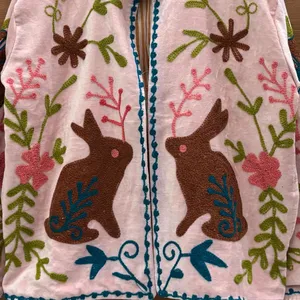 Elegant Pink <b>Velvet</b> Floral Embroidered Suzani <b>Jacket</b> With Rabbit Pattern Full Sleeve Stand Collar Bohemian Women's Winter Coat - Product Image 2