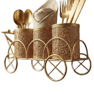 Support à couverts vintage en métal doré à roulettes, organisateur creux pour ustensiles, rangement de vaisselle pour cuisine - Product Image 1