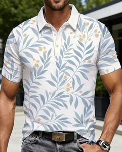 Men's Floral Leaf Print Short Sleeve Polo Shirt Casual Breathable Cotton Poplin Regular Fit Digital Printed - Product Image 2