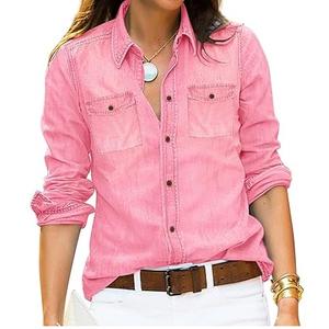 Camisas de mezclilla para mujer al por mayor, color rosa, elásticas, con bolsillos en el pecho, estilo vintage, lavado ácido, moda urbana - Product Image 1
