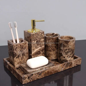 Modern Hexagonal Bathroom Accessory <b>Set</b> - Wood & Resin Composite MDF Liquid <b>Soap</b> Dispenser Holder - Unique Geometric Deco - Product Image 6