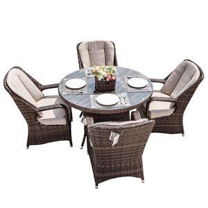 Set da Pranzo da Esterno in Alluminio e Vimini Marrone/Grigio a 5 Pezzi con Cuscini, Elegante Set da Giardino - Product Image 1