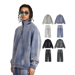 Ensemble de survêtement 2 pièces moderne pour homme : sweat à capuche zippé et pantalon de jogging en coton, coupe ajustée, patchwork contrastant - Product Image 3