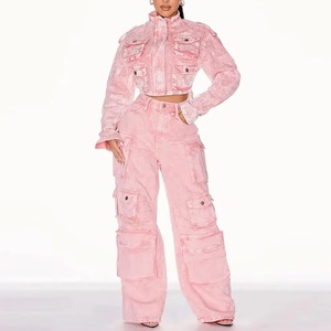 Pantalones Cargo Tie Dye Rosa, Cintura Alta, Corte Holgado, Largos, con Múltiples Bolsillos, Casuales, para Mujer, Material de Lona - Product Image 4