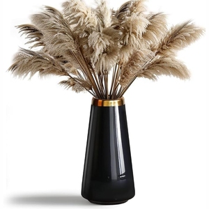 Vase à fleurs en verre noir minimaliste moderne avec col doré, vase décoratif pour salon, bureau, décoration de bureau, vase à fleurs séchées - Product Image 1