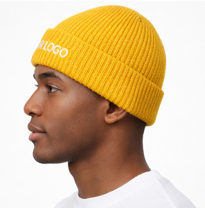 Custom Logo <b>Yellow</b> Rib Knit Cuffed <b>Beanie</b> Ribbed Knit <b>Beanie</b> with Custom Embroidered Logo Winter Cuffed Knit Hat - Product Image 4