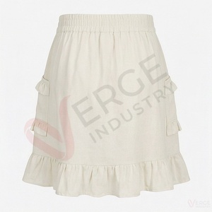 Women's <b>Elastic</b> <b>Waist</b> Cotton A Line Mini <b>Skirt</b> Ruffle Pocket Hem Summer Short <b>Skirt</b> - Product Image 2