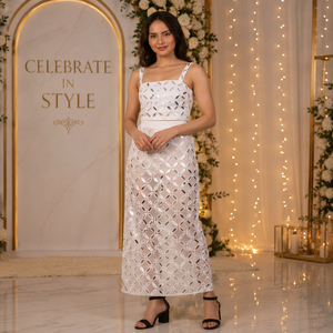 Luxury White Geometric Mirror Work Midi Dress for Women | Premium Designer Party Wear Dress for Events & Fashion Occasions dress - Product Image 4