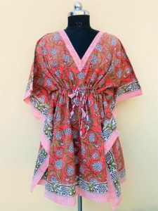 Floral Cotton Block Print <b>Kaftan</b> Skirt Handmade Sleepwear <b>Beach</b> Cover-Up Robe Women Customizable Free Size Custom - Product Image 1