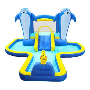 Parco Acquatico Gonfiabile 8-in-1 per Esterni con Trampolino, Casa Rimbalzante, Spruzzatore a Forma di Delfino e Giochi di Tiro al Bersaglio per Divertimento Assicurato! - Product Image 1