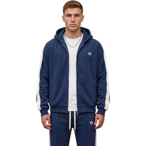 Wholesale Boxy Fit Blue Sports Jogging Blank <b>Hoodies</b> Sets Full Zip Side Panel 100% Cotton 450 GSM Fleece Athletic Sweats Suit - Product Image 4
