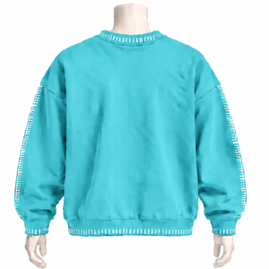 <b>Mens</b> Aqua Blue Stitched Border Distressed Crewneck Sweatshirt Oversized <b>Long</b> <b>Sleeve</b> Pullover Casual Streetwear Fashion <b>Top</b> - Product Image 2