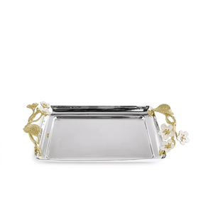 Luxury Silver <b>Mirror</b> Serving Tray with Gold Floral Handles Decorative Metal Trays for Wedding Party Home Hotel Decor 2 Pieces - Product Image 1