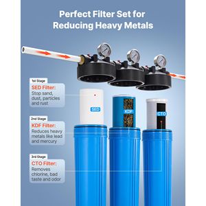 Sistema di filtraggio acqua per tutta la casa a 3 stadi 4.5'' x 20'' Depuratore d'acqua domestico con sedimenti KDF CTO, riduce i contaminanti pesanti - Product Image 3