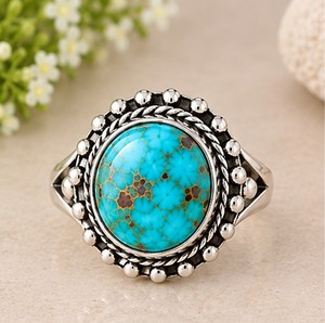 Anillo de Plata de Ley 925 con Turquesa Mohave, Anillo con Gema Azul, Anillo Redondo de Turquesa, Joyería Boho Occidental - Product Image 3