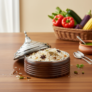 Casserole de luxe en bois de la région du Golfe avec couvercle, chauffe-plat en acier inoxydable |   Ustensiles de cuisine artisanaux en bois avec base en bois - Product Image 3