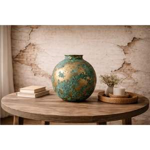 Vase décoratif rond en laiton doré, émail métallique patiné antique de luxe, pour centre de table, décoration maison, hôtel, mariage - Product Image 1