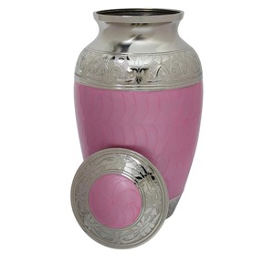 Urna Funeraria de Latón Macizo Hecha a Mano para Cenizas Humanas, Elegante Recipiente Conmemorativo Grande con Esmalte Rosa y Plateado - Product Image 1