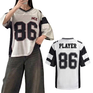 Maillot de football américain personnalisé à col en V, manches courtes en mesh, streetwear pour femmes, blocs de couleurs contrastées, patchwork rétro, blanc et noir, ODM - Product Image 3