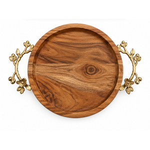 Bandeja Redonda de Madera Hecha a Mano con Asas de Metal Dorado, Plato de Madera de Acacia para Exhibición en Restaurantes, Precio Más Bajo - Product Image 4