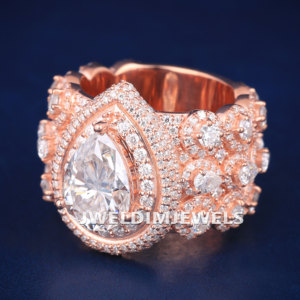 Anillo de hip hop RTS Ice Out personalizado, estilo robusto, oro rosa, forma de pera con diamantes redondos, claridad D VVS, probado con el probador de diamantes. - Product Image 2