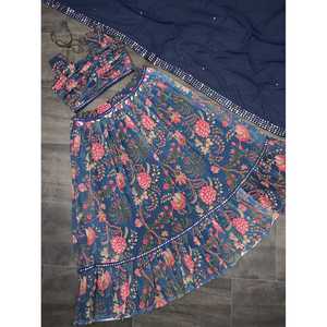 ÚLTIMO TRABAJO DE IMPRESIÓN DIGITAL GEORGETTE LEHENGA CHOLI CON DUPATTA AZUL MARINO - Product Image 1