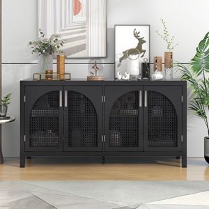Credenza con Ampio Spazio di Archiviazione, Anta in Rattan Artificiale e Maniglie in Metallo per Soggiorno e Ingresso - Product Image 2