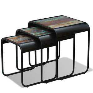 Ensemble de 3 tables basses multicolores en bois recyclé massif et acier, tables d'appoint multicolores en bois recyclé et acier - Product Image 4