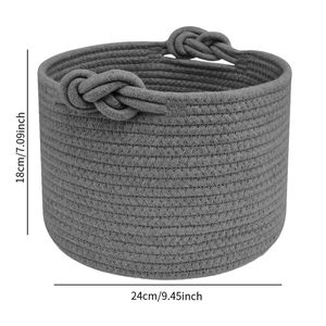 ตะกร้าเก็บของทรงกลมตกแต่งพร้อมหูจับ ตะกร้าเชือกฝ้ายสีเทาเข้มแบบซักได้ สำหรับชั้นวางของในตู้เสื้อผ้า จัดระเบียบบ้าน - Product Image 4