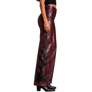 Pantalones de cuero con estampado de llamas en negro y rojo para mujer, pantalones acampanados de cuero de oveja de cintura alta, pantalones de motociclista, moda Y2K - Product Image 6