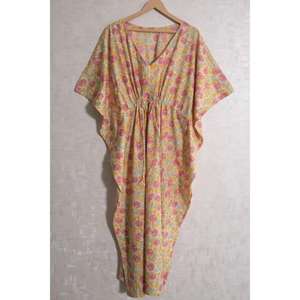 Caftán indio ecológico de algodón con estampado en bloque, vestido maxi bohemio con cintura natural, pareo floral para mujer, informal, de verano, para el hogar. - Product Image 1