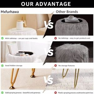 Round Furry <b>Vanity</b> Stool with Marble Tray Compact Soft <b>Makeup</b> Seat Faux Fur Storage Ottoman 4 Metal Legs - Product Image 6